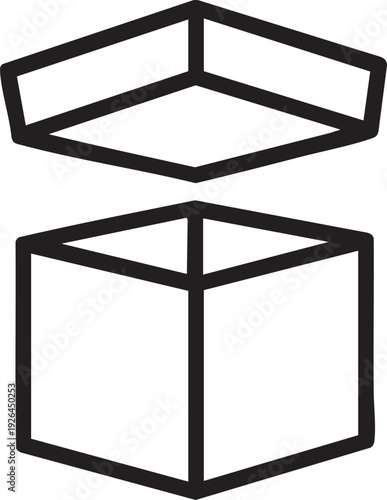 Exploded view of an open box and its lid, simple line art graphic