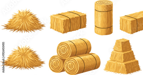 Hay Bale Collection Straw Stack Farm Agriculture Vector Illustration