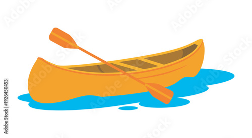 Yellow Canoe Cartoon Illustration with Paddle, Resting in Calm Blue Water, Simple Colorful Flat Design, White Background, Outdoor Water Adventure Vector
