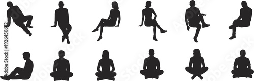 Assortment of Black Human Silhouettes in Sitting Poses on White Background people