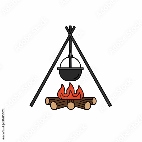Outdoor Campfire Cooking With A Black Pot Hanging Over Burning Logs On A Tripod Stand Minimalist Illustration