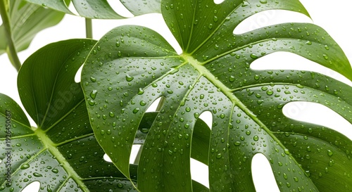 Monstera deliciosa leaf with water droplets isolated on white background