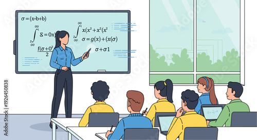 Teacher Explains Math to Students in Classroom.