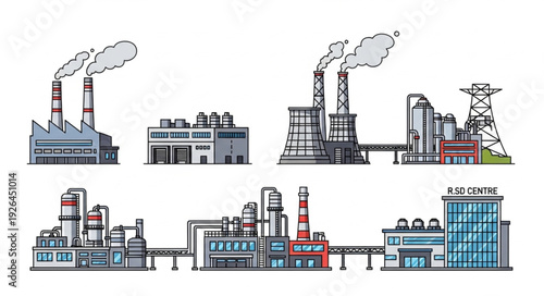 Industrial complex illustration featuring various factory buildings with smokestacks and infrastructure.