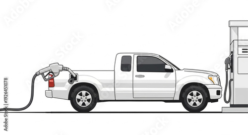 White Pickup Truck Refueling at Gas Pump.