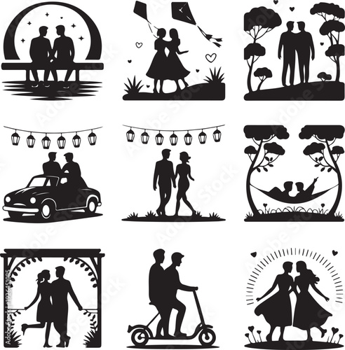 black silhouettes of couples in love on white