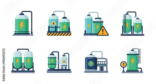 Industrial energy storage tanks with green color and lightning symbols.