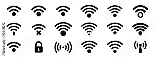 WiFi Signals Icon Set, Collection of Wireless Network Vector Illustrations Showing Connection Strength, Hotspots, and Electronic Waves from Antennas for Communication.