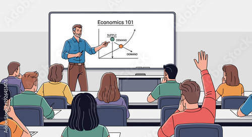 Teacher Presenting Economics Graph to Students.