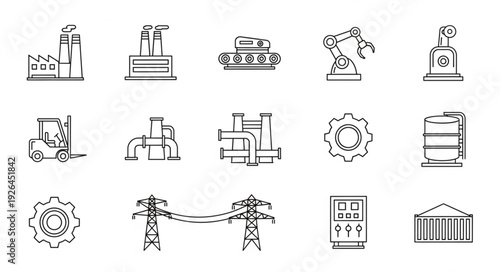 Industrial and manufacturing icons representing various aspects of production and infrastructure.