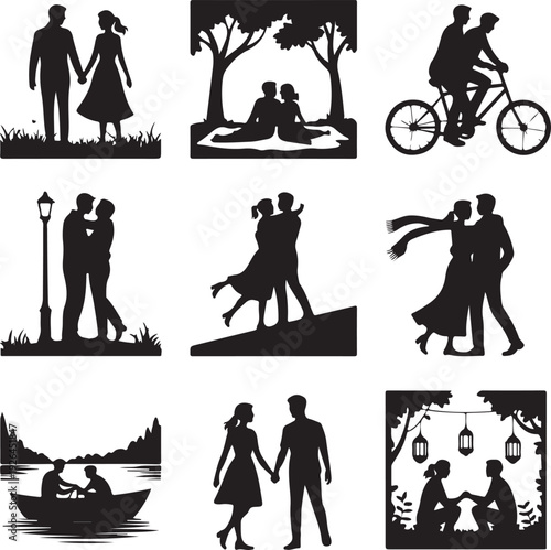 black silhouettes of couples in various romantic activities together outdoors