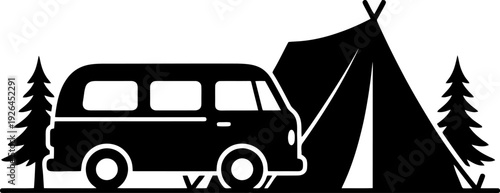 Camping Adventure Van and Tent Silhouette Vector Illustration