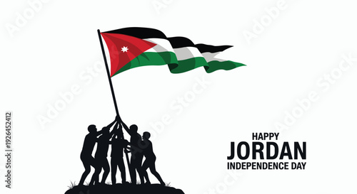 Celebration of Jordan Independence Day with a silhouette of people raising the national flag on a hill.