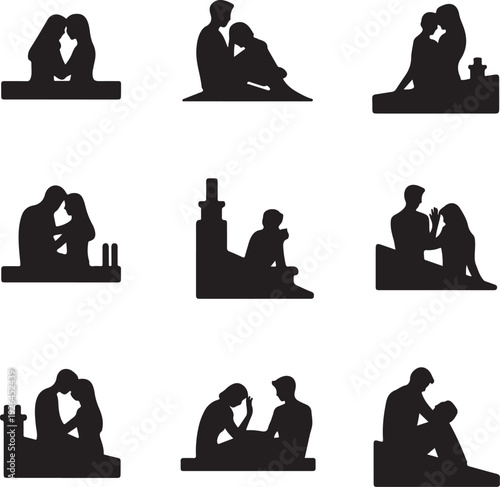 black silhouettes of couples in various intimate poses on white background