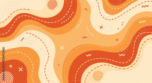 Trendy abstract background featuring flowing wavy shapes in various shades of orange and beige with geometric accents.