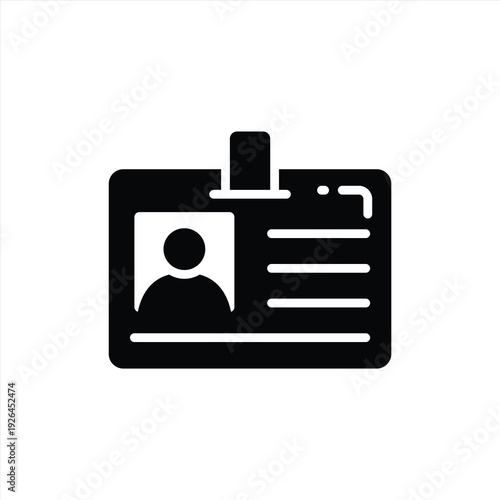 Identification card icon with photo and text lines, representing identity, access, employee badge, or security pass. Clean black and white vector.