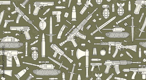 Military themed seamless pattern featuring various weapons like guns, tanks, grenades, and swords on dark green.