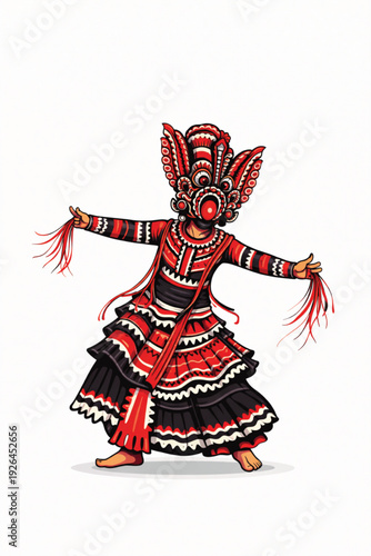 Sri Lankan Traditional Kandyan Wes Dancer Illustration, Authentic Cultural Folk Dance Vector with Mask and Costume, Sri Lanka Heritage Art for Tourism and Festival Design, Isolated on White.