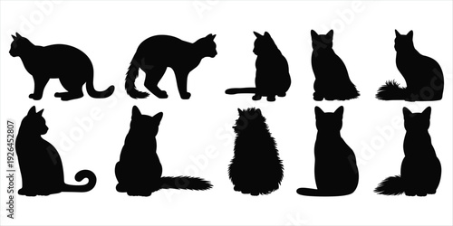 Ten Black Silhouette Cat Poses on White Background Keywords: cat, feline, kitten, pet, animal, silhouette, black and white
