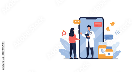 Online healthcare service with a woman consulting a doctor on a smartphone screen for professional remote medical advice.