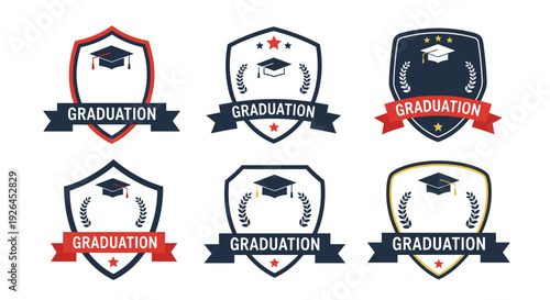 Set of graduation shields and badges featuring academic caps and laurel wreaths for diplomas and certificates.