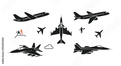 Comprehensive collection of aircraft silhouettes including commercial jets and military fighter planes in various views.