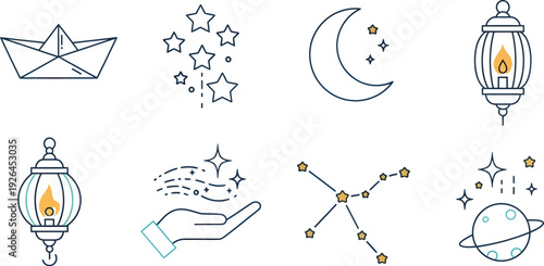 World Wish Day minimalist icon set, paper boat moon lantern outline vector collection