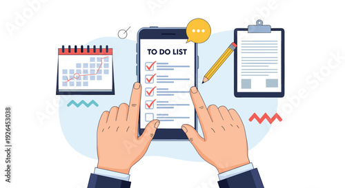 Hands holding a smartphone to manage a digital to-do list with a calendar and clipboard for better organization.