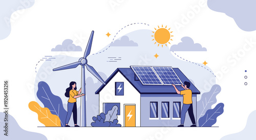 Modern sustainable house featuring solar panels and wind turbine with people installing renewable energy systems.
