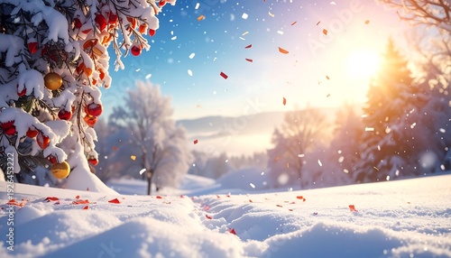 A snowy landscape features a festive tree with ornaments, a sunny sky, and falling snow over a pristine snow-covered terrain
