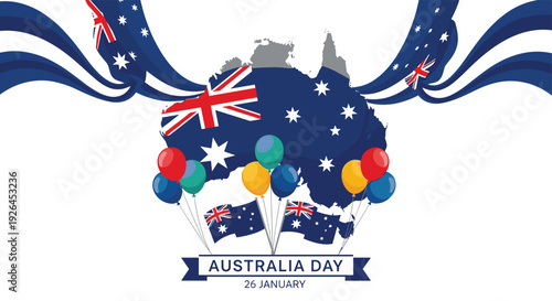 Patriotic australia day celebration graphic with national map flag balloons and ribbons for January twenty sixth.