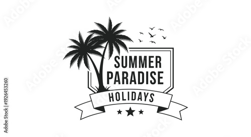 Minimalist summer paradise holidays travel logo featuring silhouettes of palm trees and flying seagulls on white.