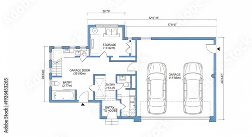Detailed architectural blueprint showcasing a residential house floor plan with garage.