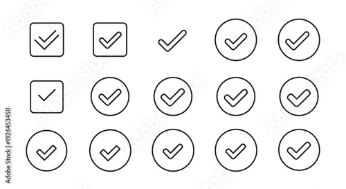 Comprehensive set of black line check mark icons and tick symbols in square and circle frames for interface design.
