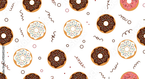 Sweet seamless donut pattern featuring chocolate vanilla and strawberry glazed doughnuts with colorful sprinkles.