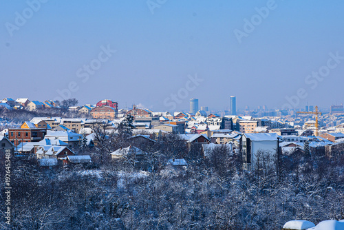 Winter Panorama of Belgrade Cityscape Covered in Deep White Snow