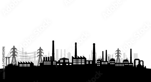 Industrial silhouette of factories and power lines against a white sky background.