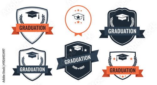 Set of academic graduation badges and classic emblems featuring mortarboards and laurels for commencement ceremony.