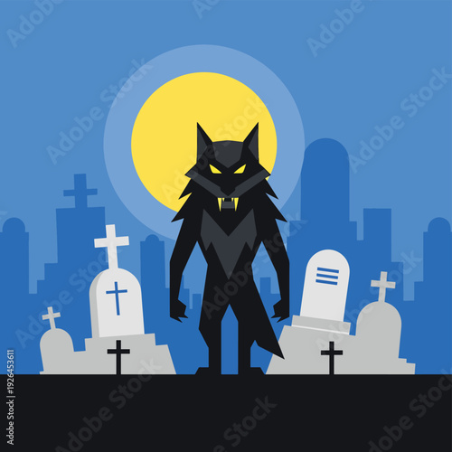 Werewolf Standing in Cemetery at Night