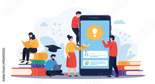 Group of students engaged in digital online learning using a large smartphone and books for modern education.