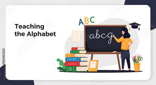 Elementary teacher teaching the alphabet to students with a chalkboard books and school supplies in a classroom setting.