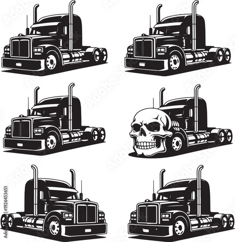 black and white trucks with skull design on white background
