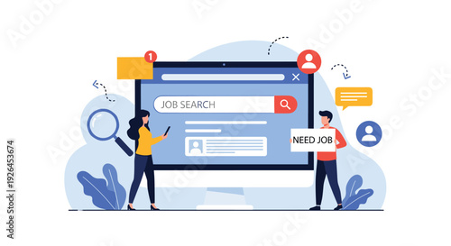 Diverse people searching for employment online through a job search website with notifications and hiring symbols.