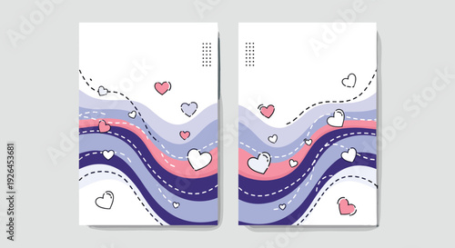 Elegant romantic vertical banners with soft wavy patterns and cute hearts for social media posts or invitations.