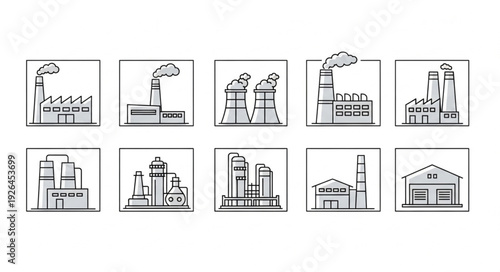 Industrial factory buildings with smoke stacks, representing manufacturing and production processes.