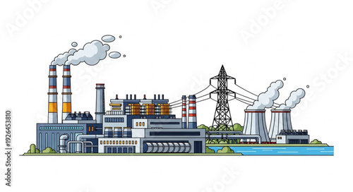 Complex industrial power plant generating electricity for urban areas and infrastructure.