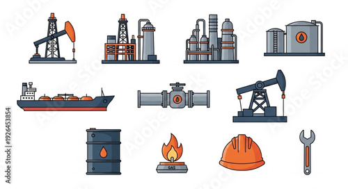 Oil and gas industry equipment and symbols for energy production.