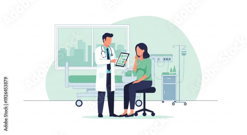 Doctor and patient discussing medical records in a modern hospital room with green accents