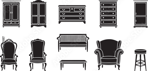 Collection of Black Silhouette Furniture Icons on White Background vector illustration