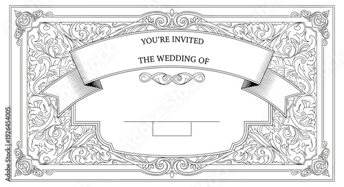 Vintage wedding invitation template with an elegant ribbon and intricate floral frame borders in a classic black and white style.